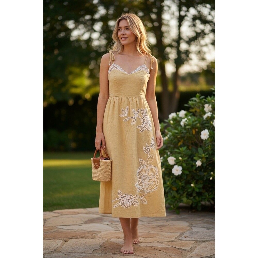 Caroline Constas Women's Farm Linen Dress Rio M Embroidered Anthropologie Midi